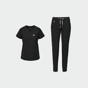 Figs Scrubs SET Black Catarina one pocket top with Zamora Joggers size S